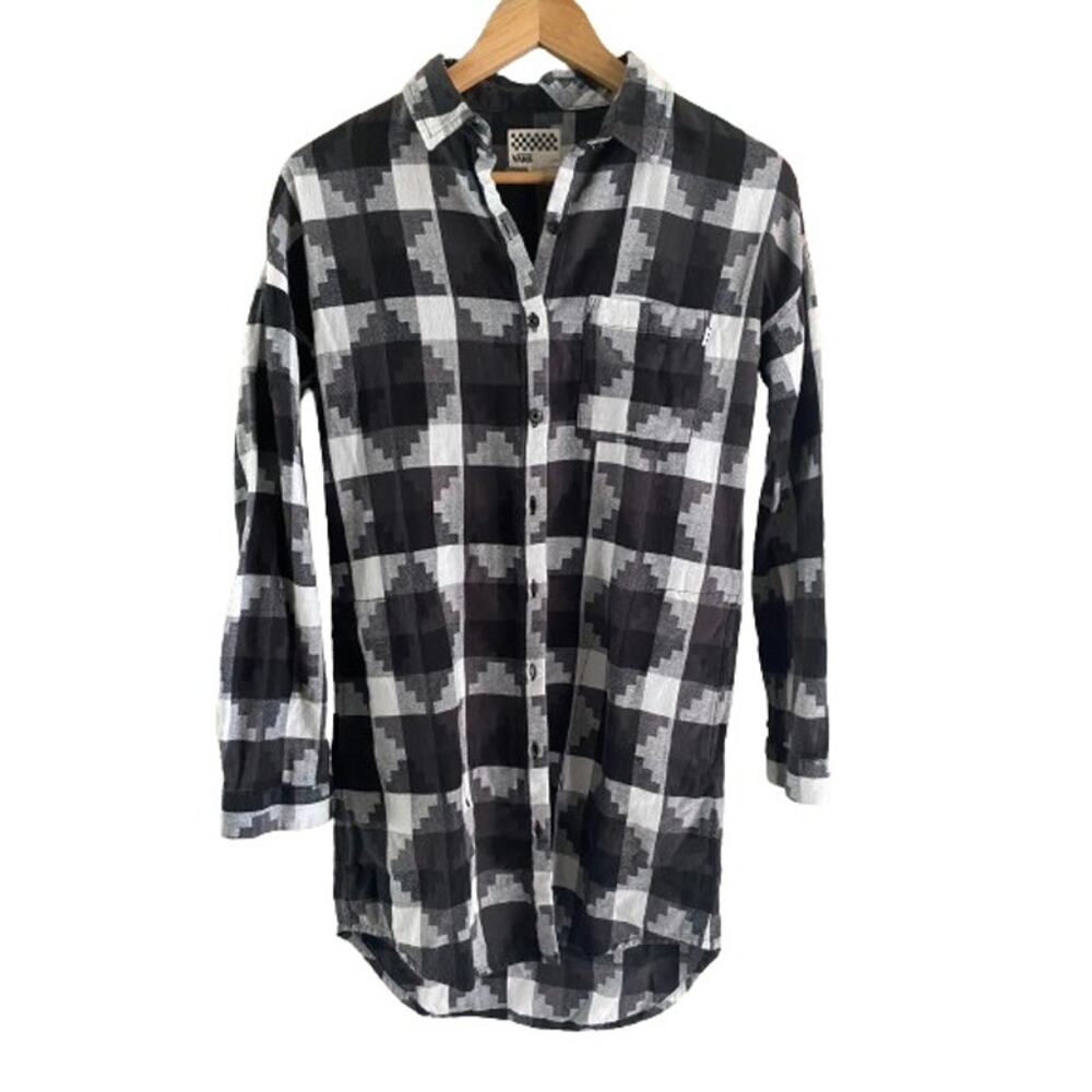 Vans Womens Small Black White Geometric Plaid Flannel Button Shirt Tunic Dress - Picture 2 of 9